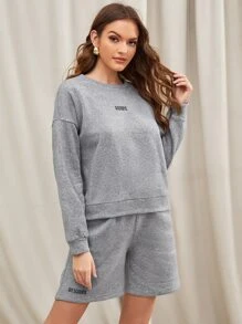 SHEIN Unity 落肩字母圖案套頭衫和短褲套裝 - 淺灰色 - 查看 1