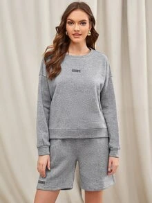 SHEIN Unity 落肩字母圖案套頭衫和短褲套裝 - 淺灰色 - 查看 3