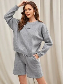 SHEIN Unity 落肩字母圖案套頭衫和短褲套裝 - 淺灰色 - 查看 5