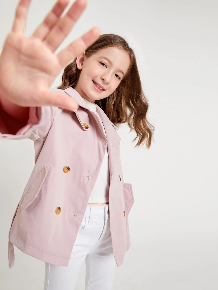 SHEIN 女孩雙排釦腰帶風衣外套