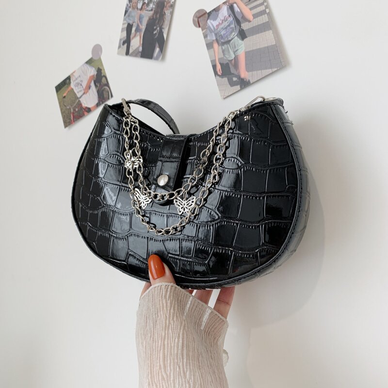 

Butterfly Decor Croc Embossed Shoulder Bag, Black