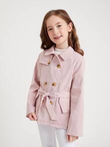 SHEIN 女孩雙排釦腰帶風衣外套