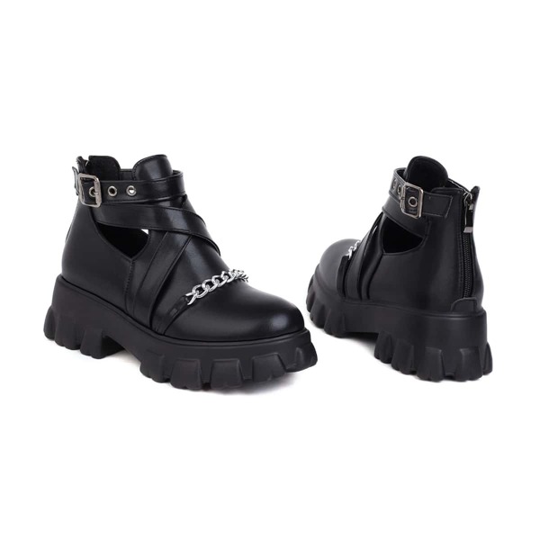 

Buckle Detail Chain Decor Wedge Boots, Black
