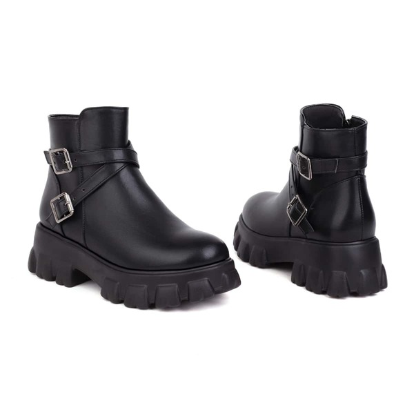 

Buckle Detail Side Zip Wedge Boots, Black