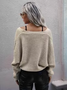 SHEIN Frenchy Overlap Collar Dolman Sleeve Jumper - Beige - View 2