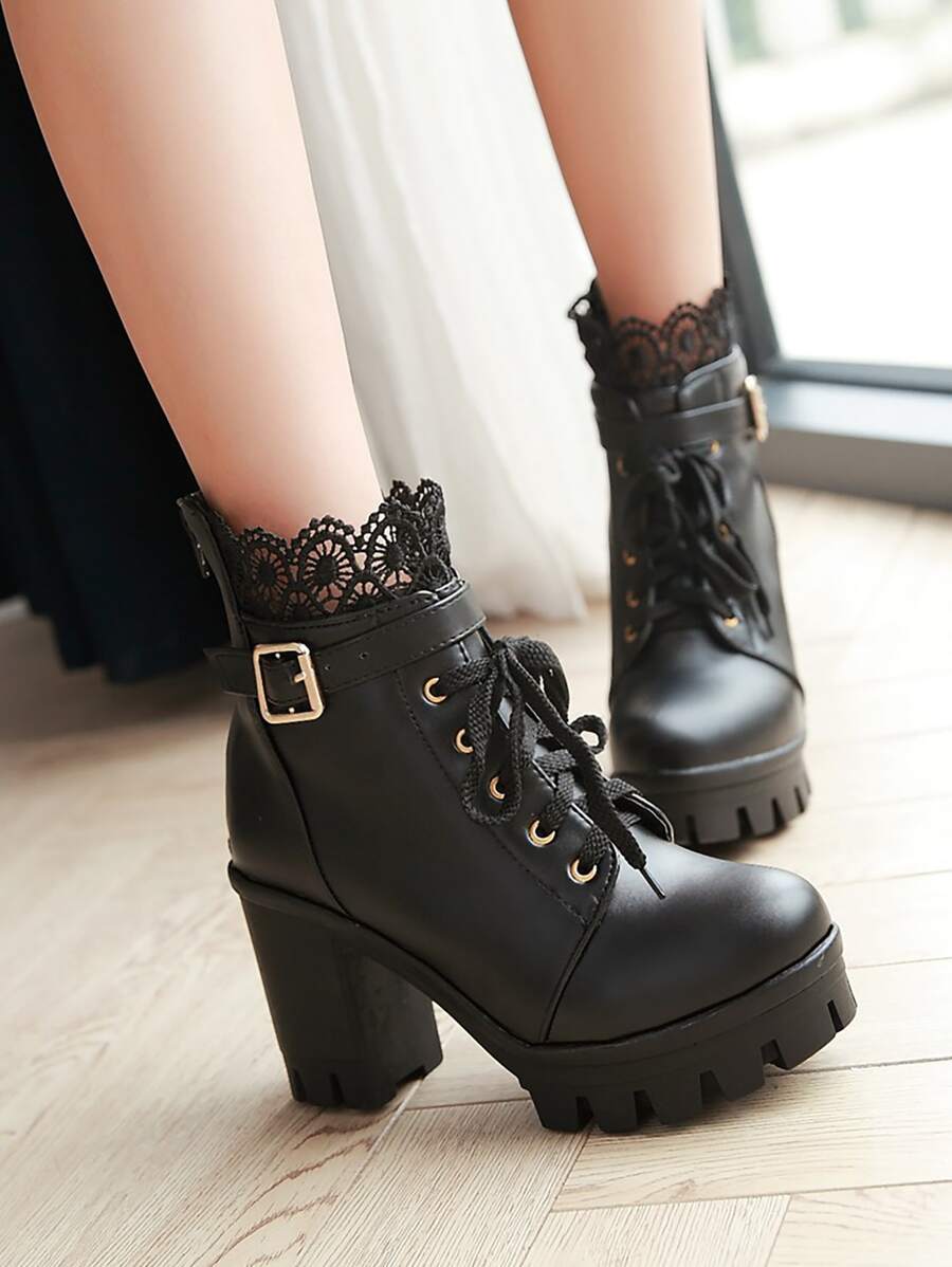 Black Solid Lace Decor , Buckle Detail Boots - Hitam - View 1