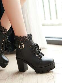 Black Solid Lace Decor , Buckle Detail Boots - Hitam - View 3