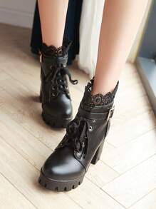 Black Solid Lace Decor , Buckle Detail Boots - Hitam - View 4