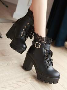 Black Solid Lace Decor , Buckle Detail Boots - Hitam - View 5