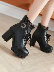 Black Solid Lace Decor , Buckle Detail Boots - Hitam - View 2