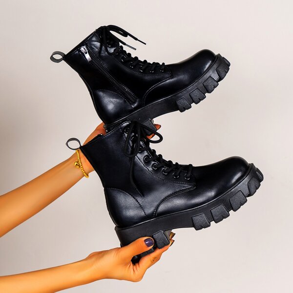 

Minimalist Lace-up Front Wedge Combat Boots, Black