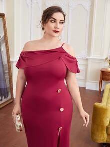 SHEIN Plus Asymmetrical Neck Ruffle Trim Split Thigh Dress - Burgundy - View 5