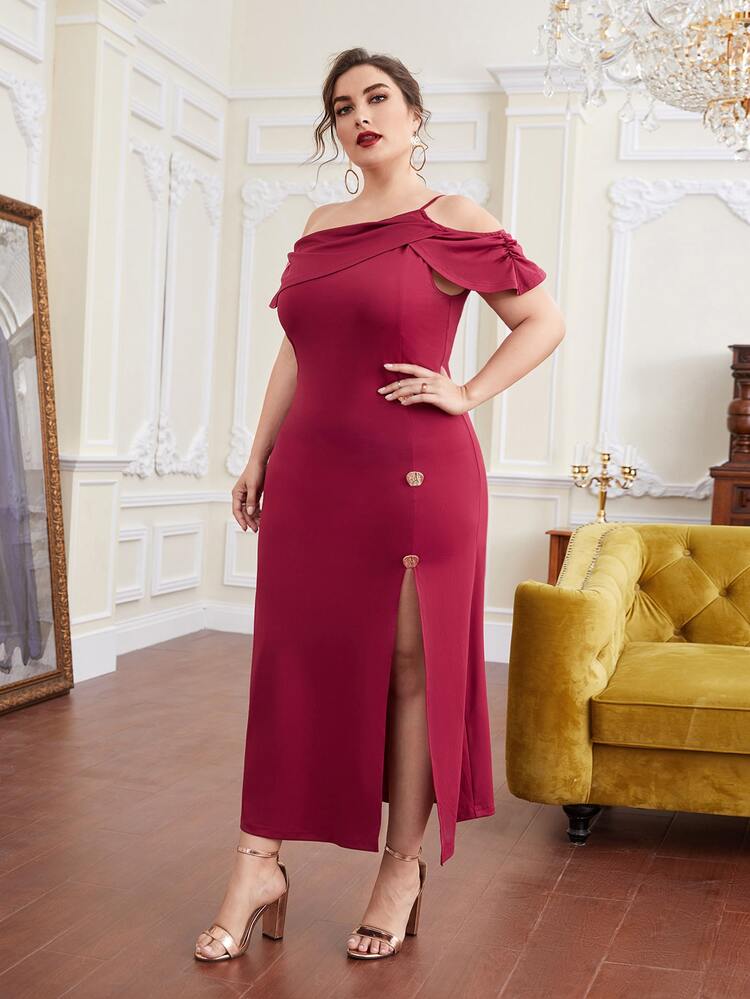 SHEIN 大碼不對稱領荷葉邊高衩連衣裙 - 酒紅色 - 查看 1