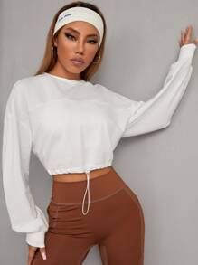 Activina Drop Shoulder Drawstring Hem Crop Sports Long Sleeve Pullover Crew Neck Women Sweatshirt - White - View 1