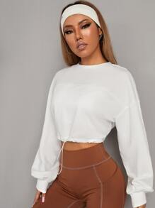 Activina Drop Shoulder Drawstring Hem Crop Sports Long Sleeve Pullover Crew Neck Women Sweatshirt - White - View 4