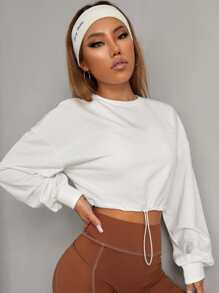 Activina Drop Shoulder Drawstring Hem Crop Sports Long Sleeve Pullover Crew Neck Women Sweatshirt - White - View 5