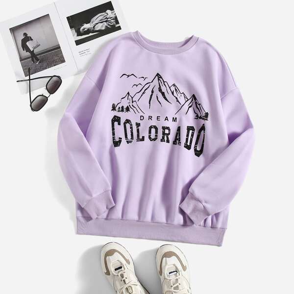 

Plus Mountain & Letter Graphic Drop Shoulder Pullover, Lilac purple