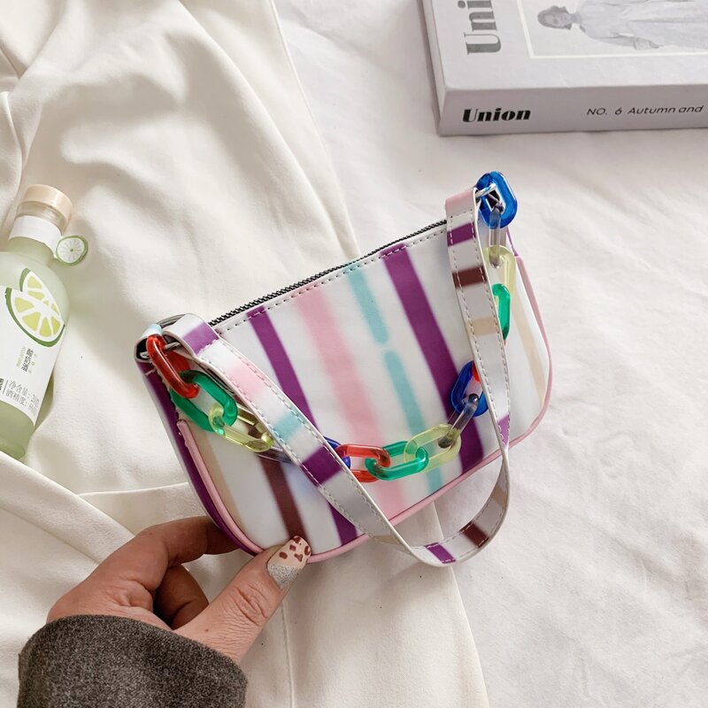 

Colorful Striped Satchel Bag, White