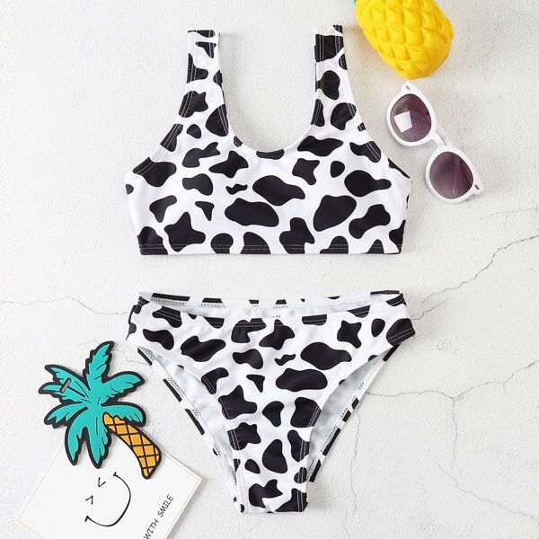 

Girls Cow Print Bikini Swimsuit, Black and white