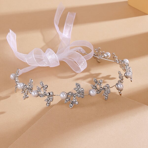 

Faux Pearl & Rhinestone Leaf Decor Hair Band, Silver