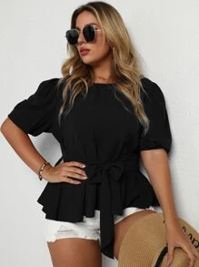 SHEIN LUNE Áo sơ mi Plus Size Thắt lưng Viên lá sen màu trơn Thanh lịch - màu đen - Xem 1