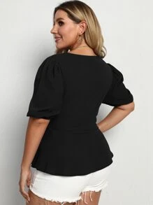 SHEIN LUNE Áo sơ mi Plus Size Thắt lưng Viên lá sen màu trơn Thanh lịch - màu đen - Xem 2