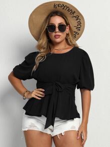 SHEIN LUNE Áo sơ mi Plus Size Thắt lưng Viên lá sen màu trơn Thanh lịch - màu đen - Xem 3