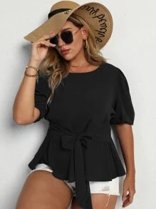 SHEIN LUNE Áo sơ mi Plus Size Thắt lưng Viên lá sen màu trơn Thanh lịch - màu đen - Xem 4