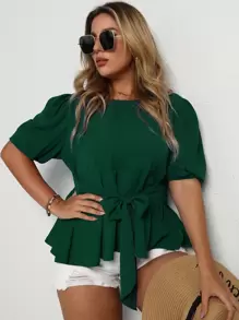 SHEIN LUNE Plus Puff Sleeve Belted Blouse - Green - View 1