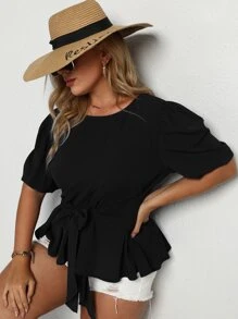 SHEIN LUNE Áo sơ mi Plus Size Thắt lưng Viên lá sen màu trơn Thanh lịch - màu đen - Xem 5