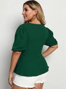 SHEIN LUNE Plus Puff Sleeve Belted Blouse - Green - View 2