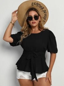 SHEIN LUNE Áo sơ mi Plus Size Thắt lưng Viên lá sen màu trơn Thanh lịch - màu đen - Xem 6