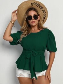 SHEIN LUNE Plus Puff Sleeve Belted Blouse - Green - View 6