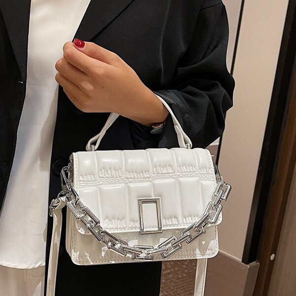 

Chain Decor Quilted Flap Square Bag, White