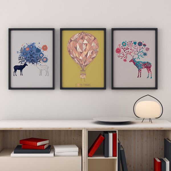 

3pcs Deer & Hot Air Balloon Print Unframed Painting, Multicolor