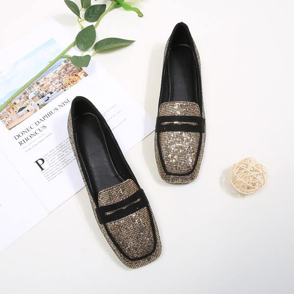

Glitter Square Toe Loafers, Gold