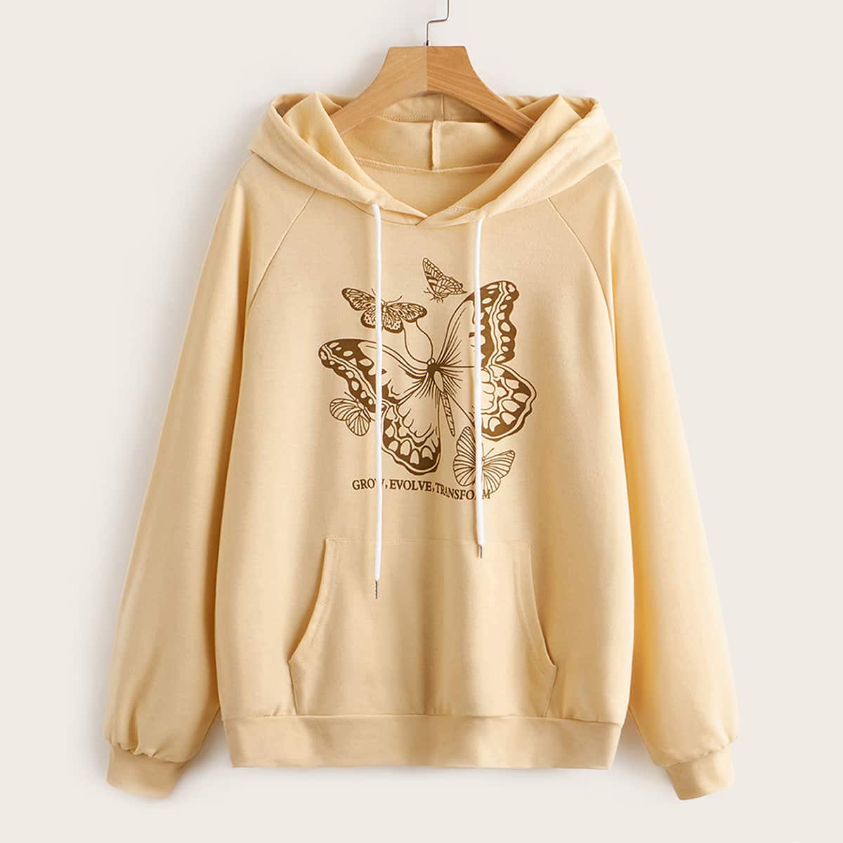 

Letter Butterfly Graphic Kangaroo Pocket Drawstring Hoodie, Apricot