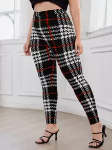 SHEIN Clasi Plus High Waist Plaid Skinny Trousers - Multicolor - View 3
