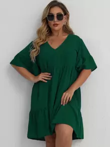 SHEIN Clasi Đầm Plus Size Viên lá sen màu trơn Giải trí - Màu xanh lá cây đậm - Xem 1