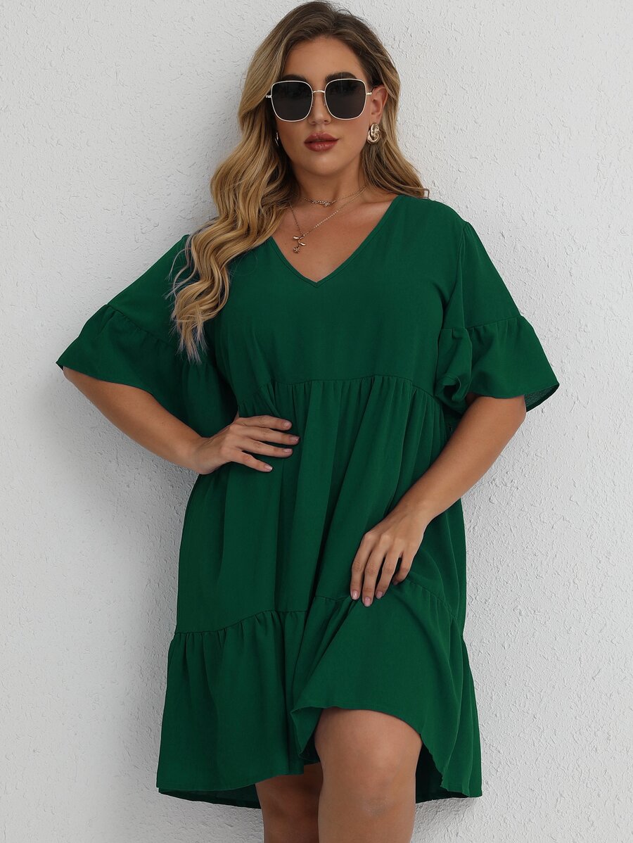 SHEIN Clasi Đầm Plus Size Viên lá sen màu trơn Giải trí - Màu xanh lá cây đậm - Xem 1