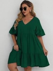 SHEIN Clasi Đầm Plus Size Viên lá sen màu trơn Giải trí - Màu xanh lá cây đậm - Xem 3