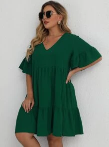 SHEIN Clasi Đầm Plus Size Viên lá sen màu trơn Giải trí - Màu xanh lá cây đậm - Xem 5