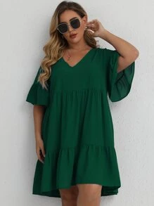 SHEIN Clasi Đầm Plus Size Viên lá sen màu trơn Giải trí - Màu xanh lá cây đậm - Xem 6