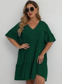 SHEIN Clasi Đầm Plus Size Viên lá sen màu trơn Giải trí - Màu xanh lá cây đậm - Xem 7
