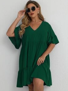 SHEIN Clasi Đầm Plus Size Viên lá sen màu trơn Giải trí - Màu xanh lá cây đậm - Xem 8