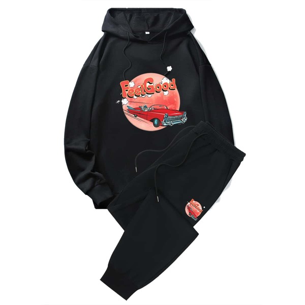 

Guys Letter Car Print Drawstring Hoodie & Sweatpants, Black