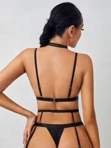 SHEIN Lace Overlay Underwired Garter Lingerie Set - Black - View 2