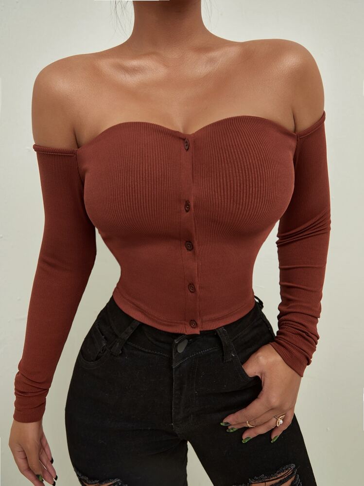 SHEIN SXY Off Shoulder Ribbed Knit Tee - Bronze - View 1