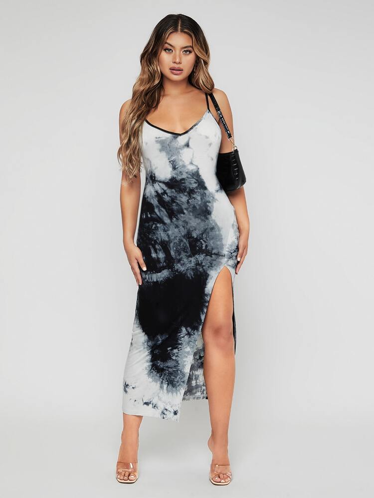 SHEIN SXY Tie Dye Split Thigh Cami Dress - Black and White - View 5
