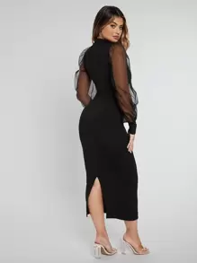 SHEIN SXY Vestido de cuello alto de malla en contraste de manga farol bajo con abertura - Negro - Ver 2